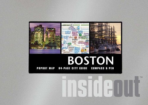Product packaging for 'Boston insideout' with images of cityscapes and text on a gray background.