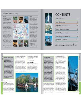 Open book showing a table of contents with images and text on a white background